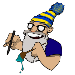 A cartoon of a white man with a long bushy grey beard, thick rimmed black square glasses, nose ring, and a yellow and blue striped woolly bobble hat. He is grinning wide and holding a charcoal pencil and paintbrush dripping turquoise paint in either hand.